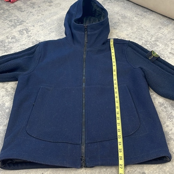 New Stone Island Logo Appliqued Wool Blend Hooded Jacket Blue Knit Sleeve Sz M - Picture 14 of 16
